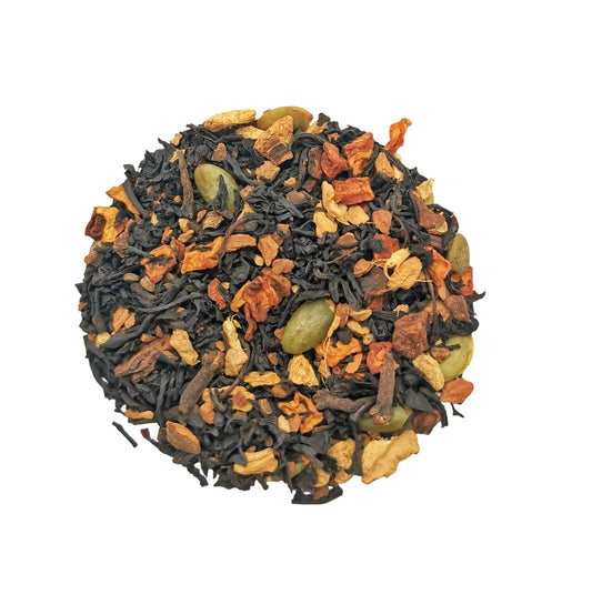 Tea blend with black leaves, glove, Cardamone, etc and green pumpkin seeds in Canadian tea store located in Kamloops, BC. Winter tea, Winter chai. Free shipping for orders over $100